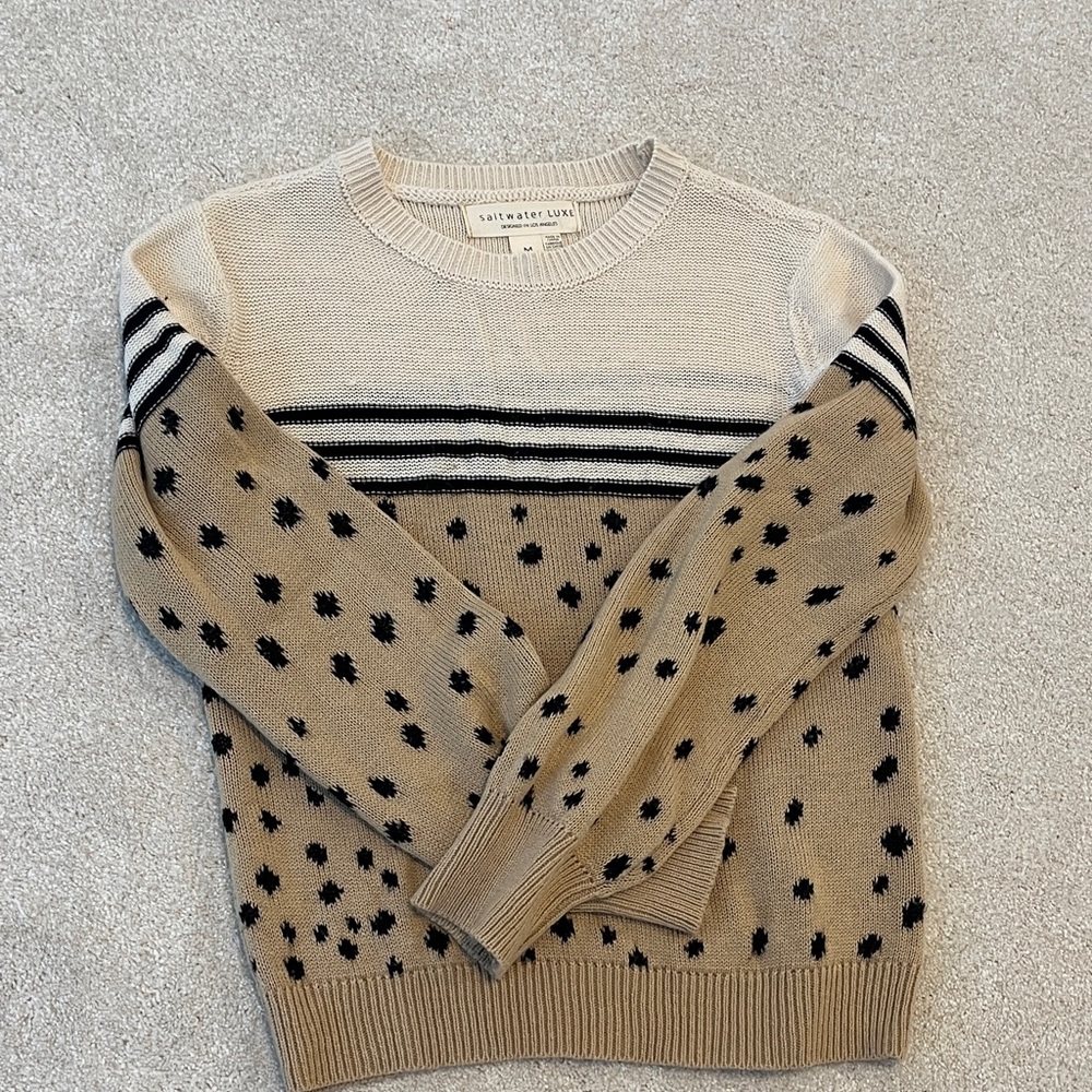 saltwater LUXE Beige & Cream Crewneck Sweater with Black Dot Pattern